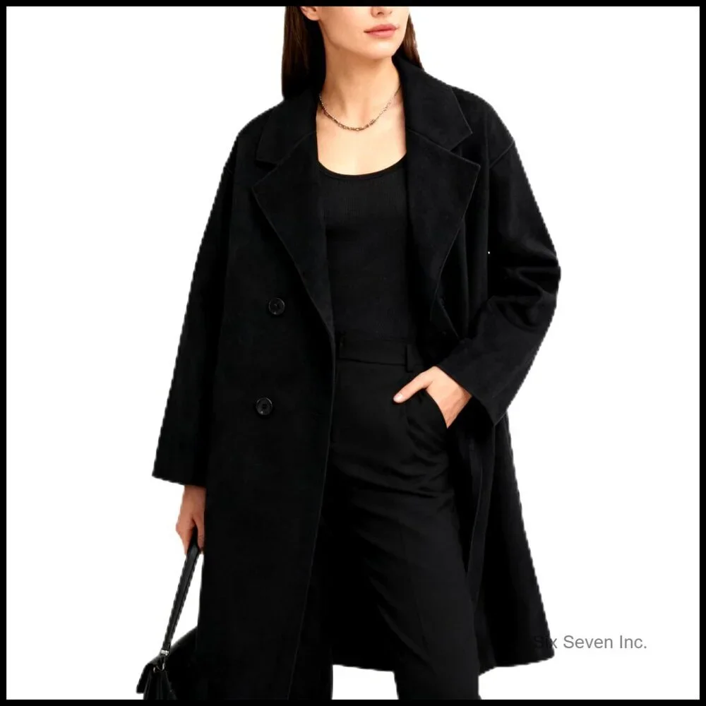 Wool Blend Pea Coat Double Breasted Trench Coat Notched Lapel Jacket - Picture 1 of 7